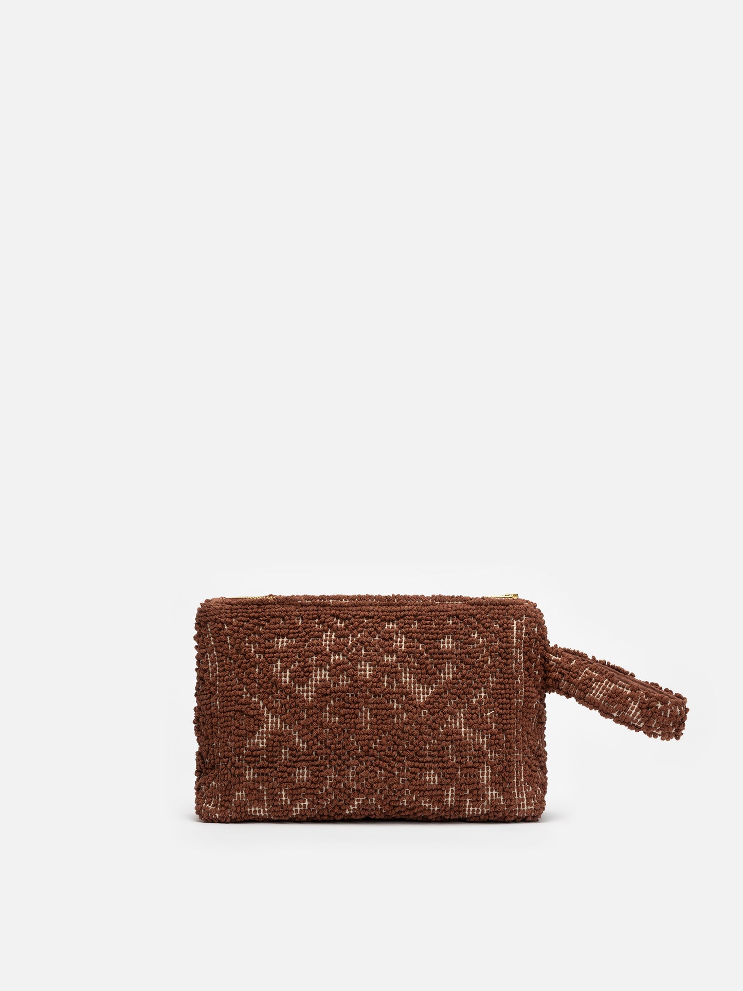Pochette Aline in cotone marrone con ricamo tufting
