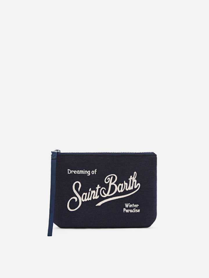 Mélange de laine bleu marine blue Aline pochette avec broderie du logo 