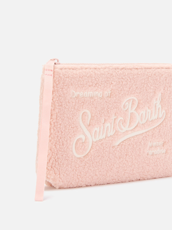 Pochette Aline rosa in tessuto teddy con ricamo logo