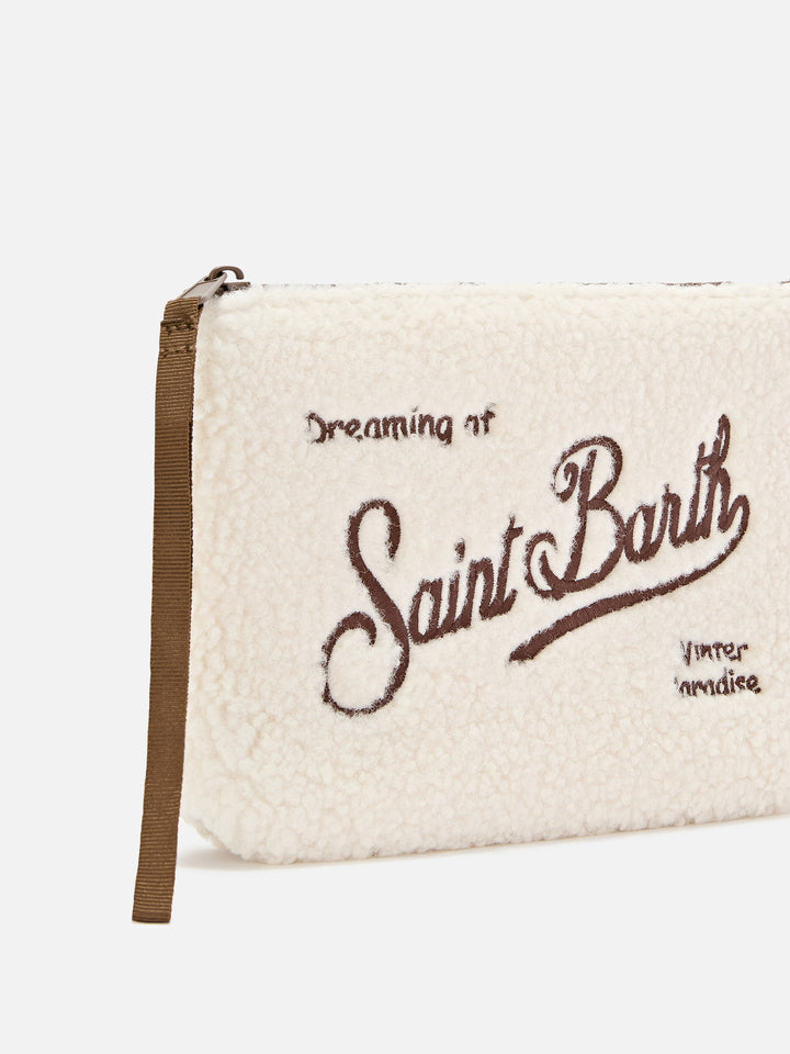 Pochette Aline beige in tessuto teddy con ricamo logo marrone