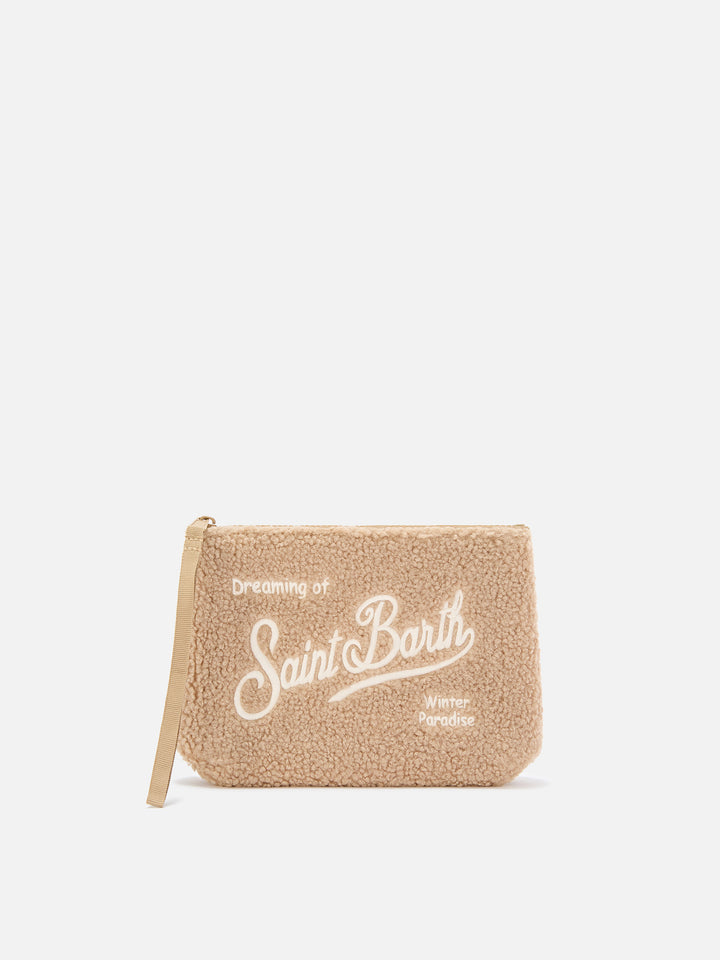 Pochette Aline nocciola in tessuto teddy con ricamo logo