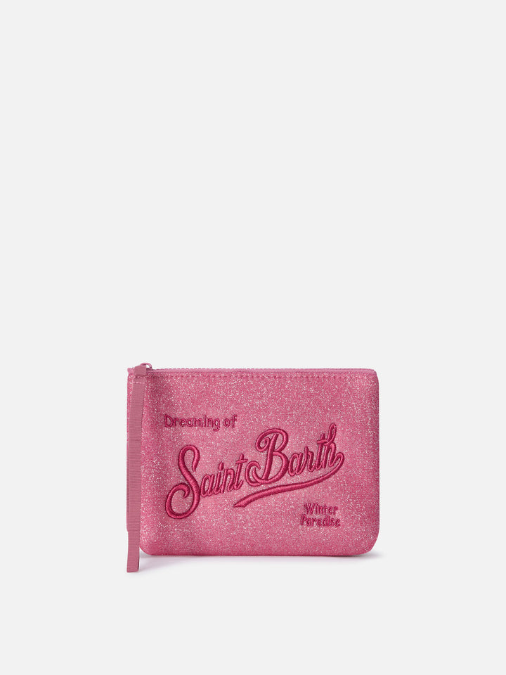 Bikini de lurex pochette fucsia Aline con bordado del logo 