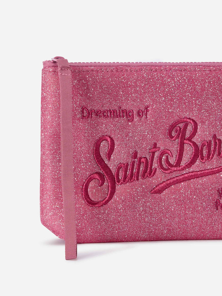 Bikini de lurex pochette fucsia Aline con bordado del logo 