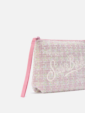 Cardigan en tweed rose Aline pochette avec broderie logo en lurex 