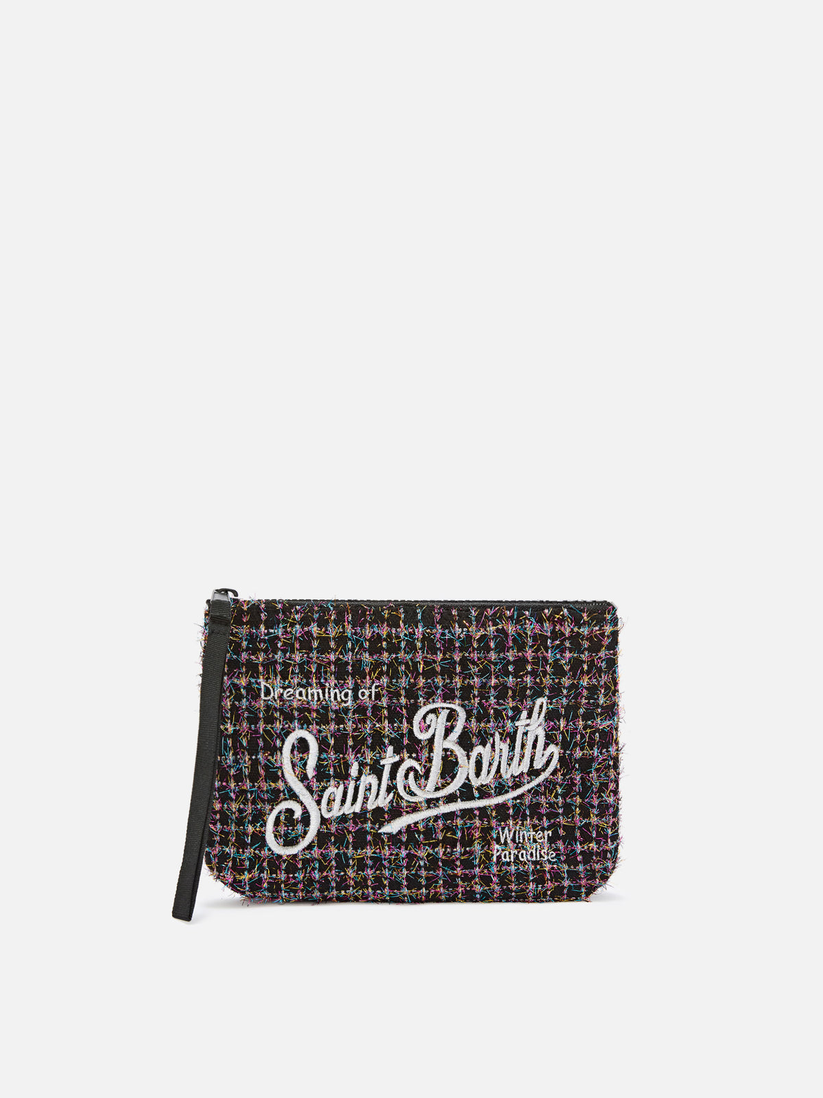 pochette de tweed negro Aline con bordado del logo 
