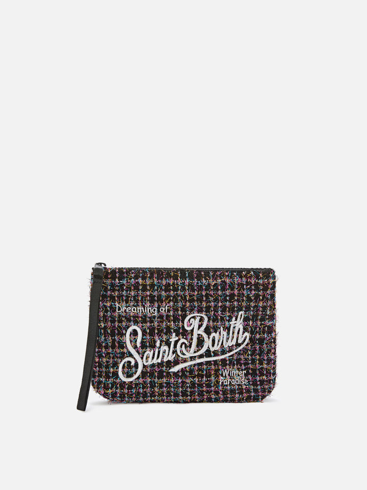 Sac en tweed noir Aline avec broderie du logo pochette 