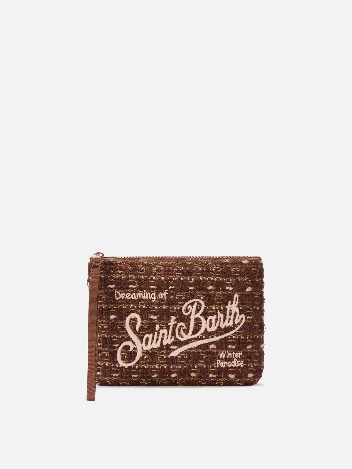 Brown Aline tweed pochette with logo embroidery