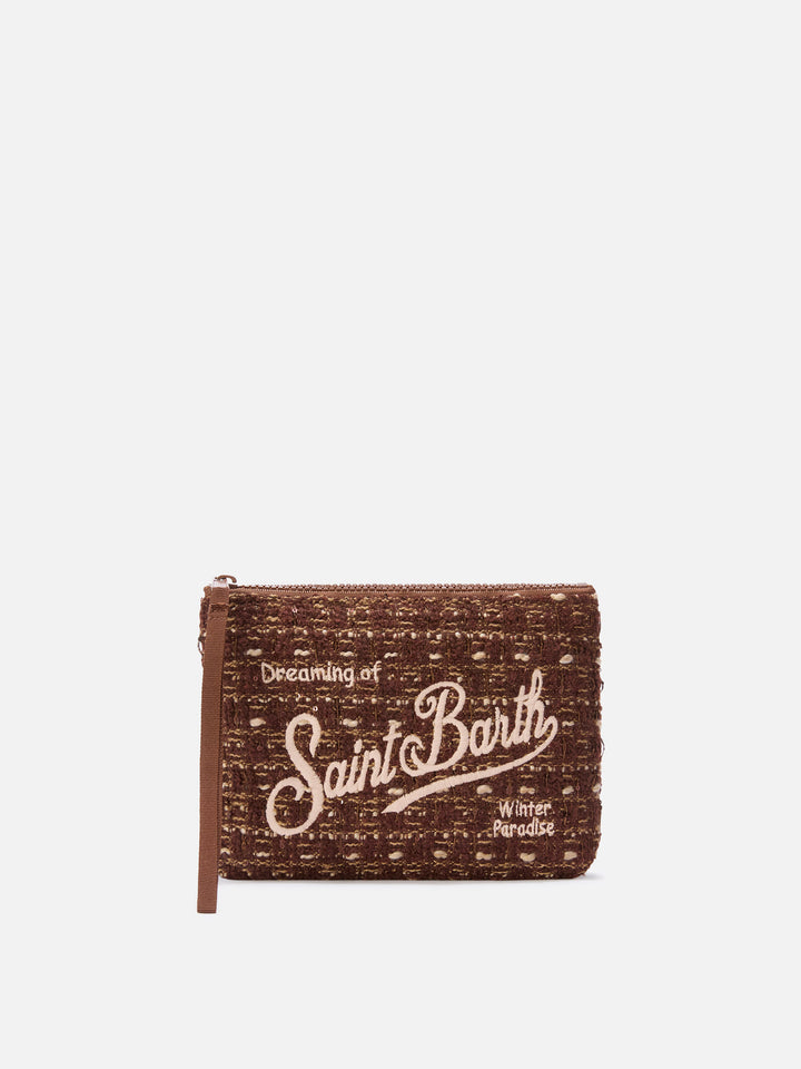 Aline de tweed marrón pochette con bordado del logo 