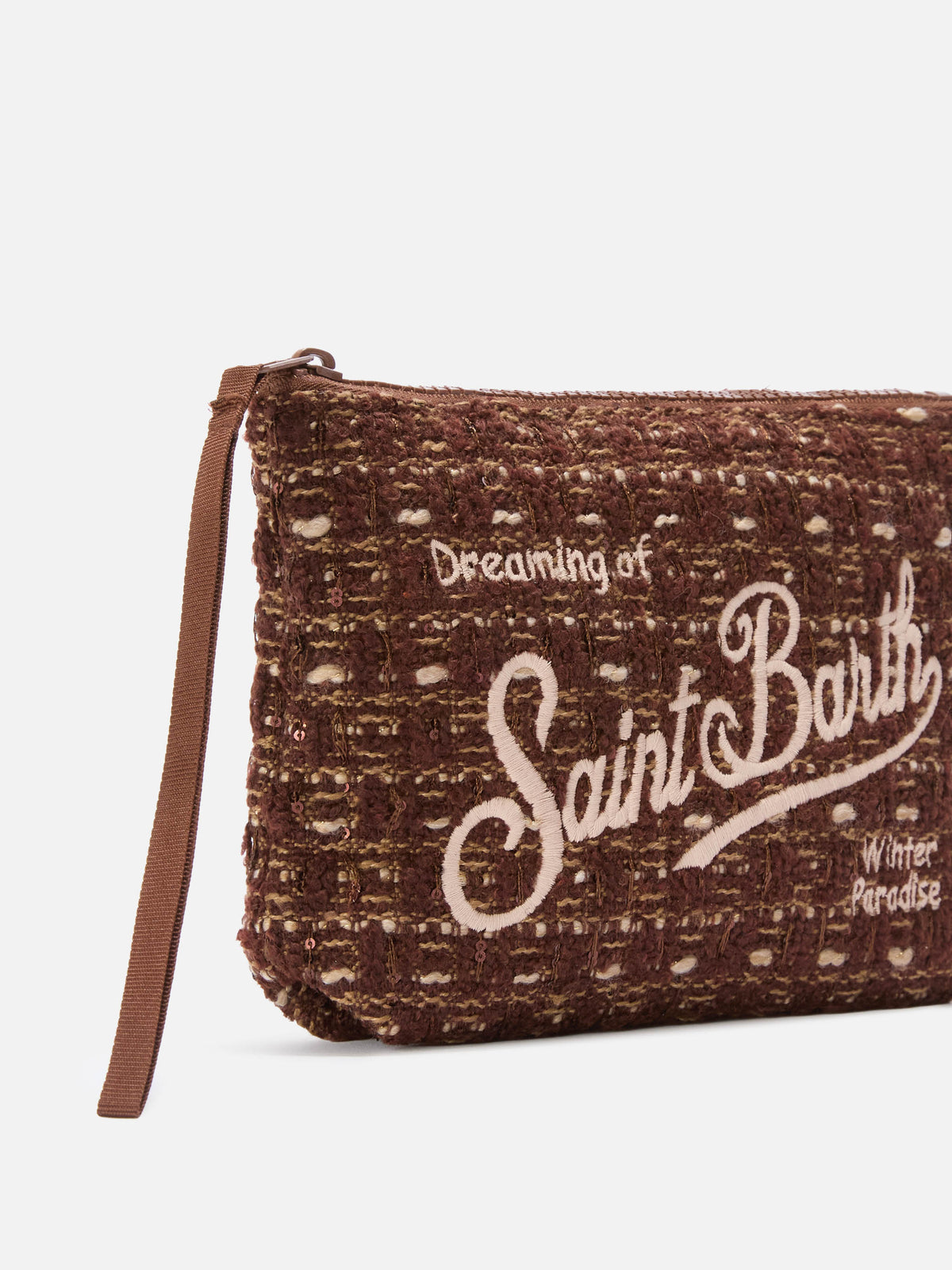 Brown Aline tweed pochette with logo embroidery
