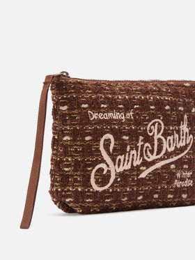 Brown Aline tweed pochette with logo embroidery