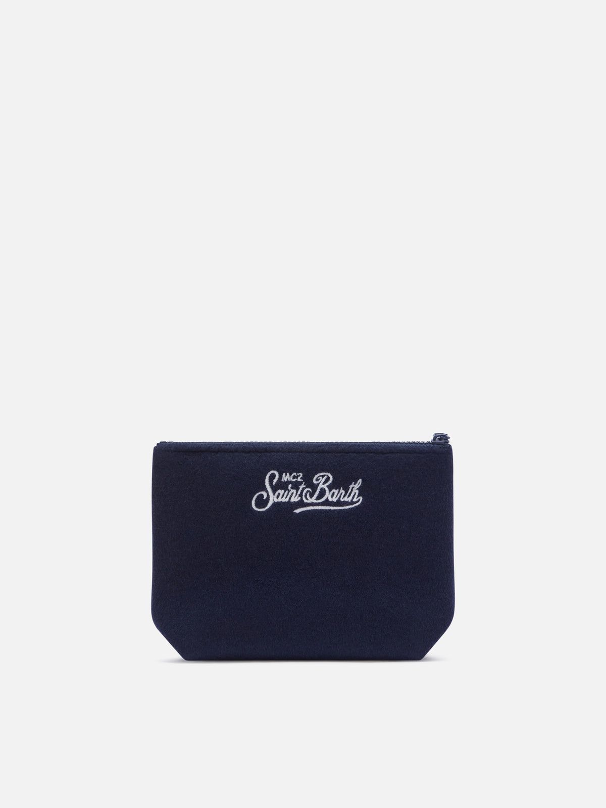 Navy blue Aline felt pochette with embroidered flowers and hearts