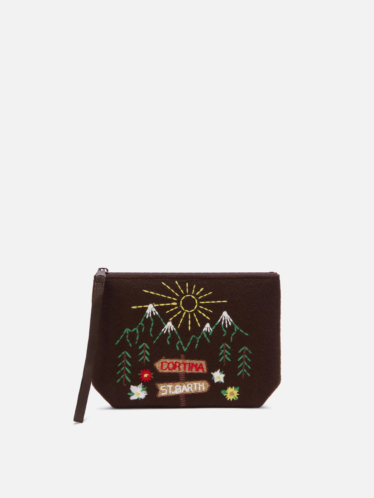 Pochette Aline marrone in feltro con ricamo paesaggio di montagna