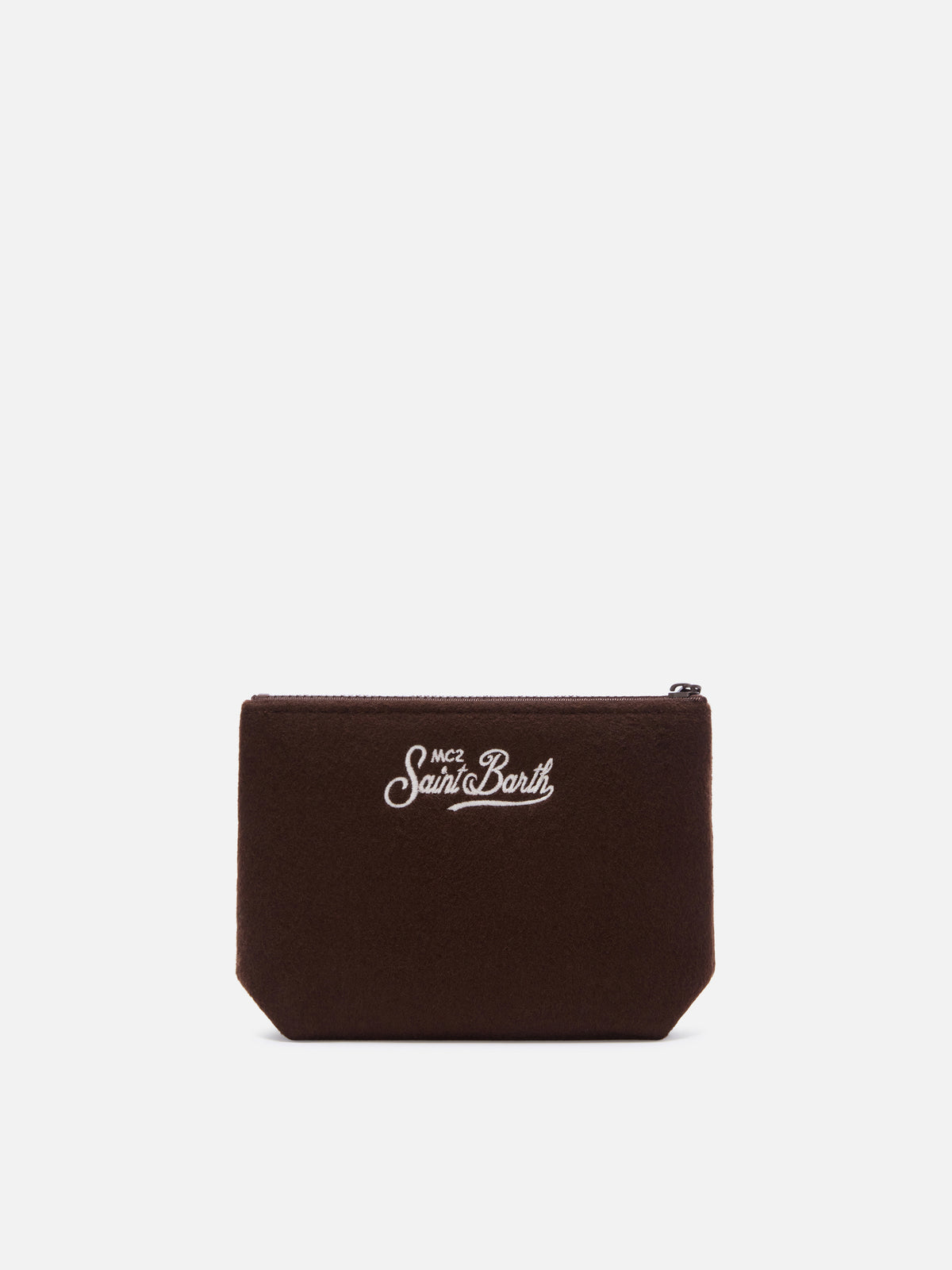 Pochette Aline marrone in feltro con ricamo paesaggio di montagna