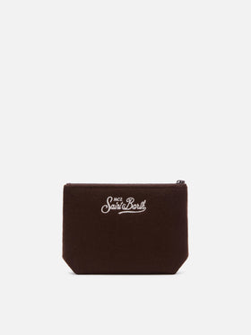 Pochette Aline marrone in feltro con ricamo paesaggio di montagna
