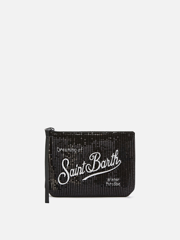 Schwarzer Aline aus Samt pochette mit Pailletten und Logostickerei 