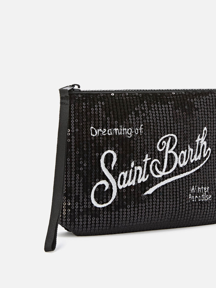 Schwarzer Aline aus Samt pochette mit Pailletten und Logostickerei 