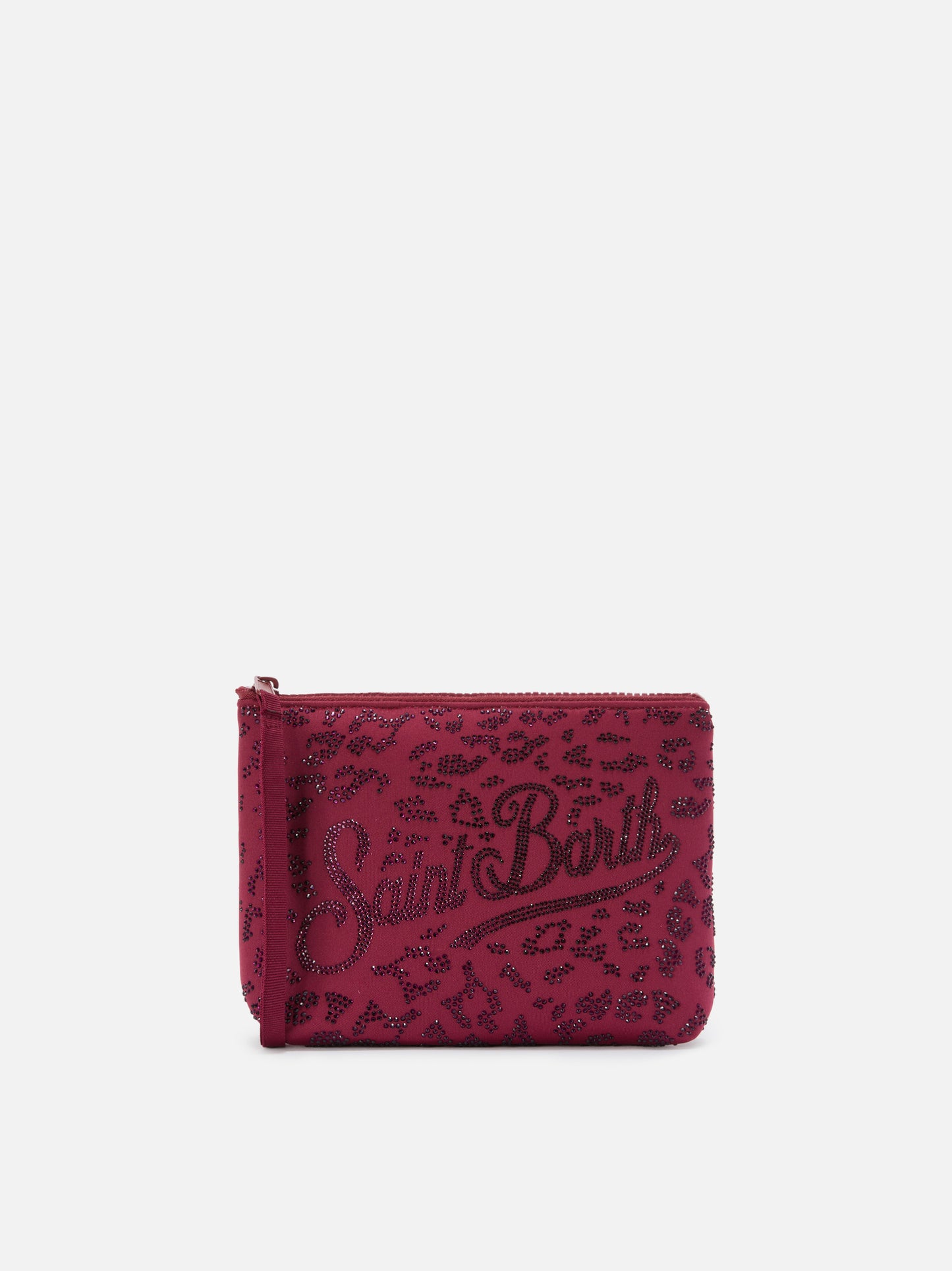 Aline scuba pouch with leopard print and applied rhinestones
