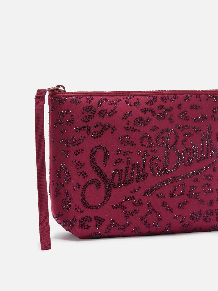 Aline scuba pouch with leopard print and applied rhinestones