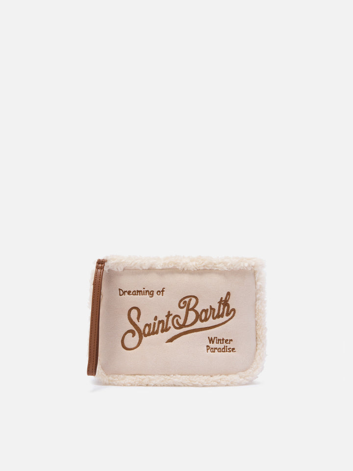 Pochette Aline bianco sporco effetto montone con ricamo logo