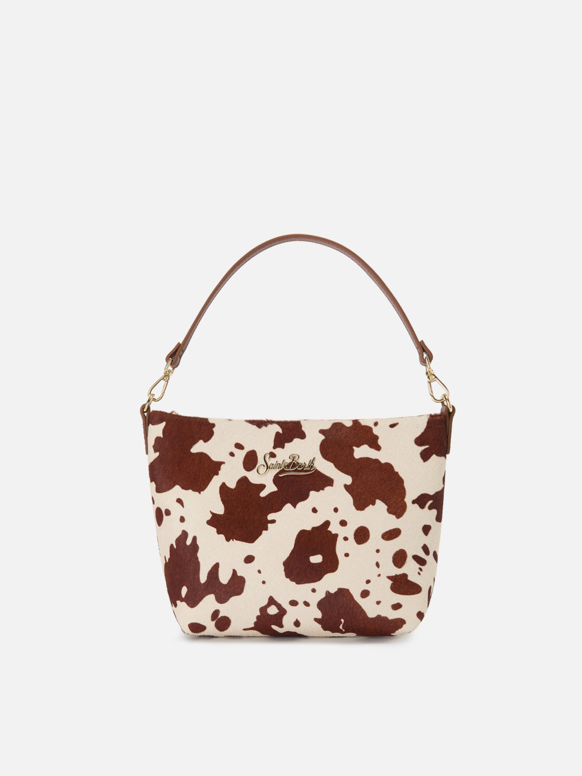 Sac Aline en pony hair imprimé vache avec plaque logo en métal 
