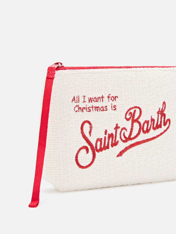 Pochette Aline off white in tricot con ricamo Merry Christmas