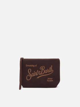 Pochette Aline marrone in tessuto cerato con ricamo logo