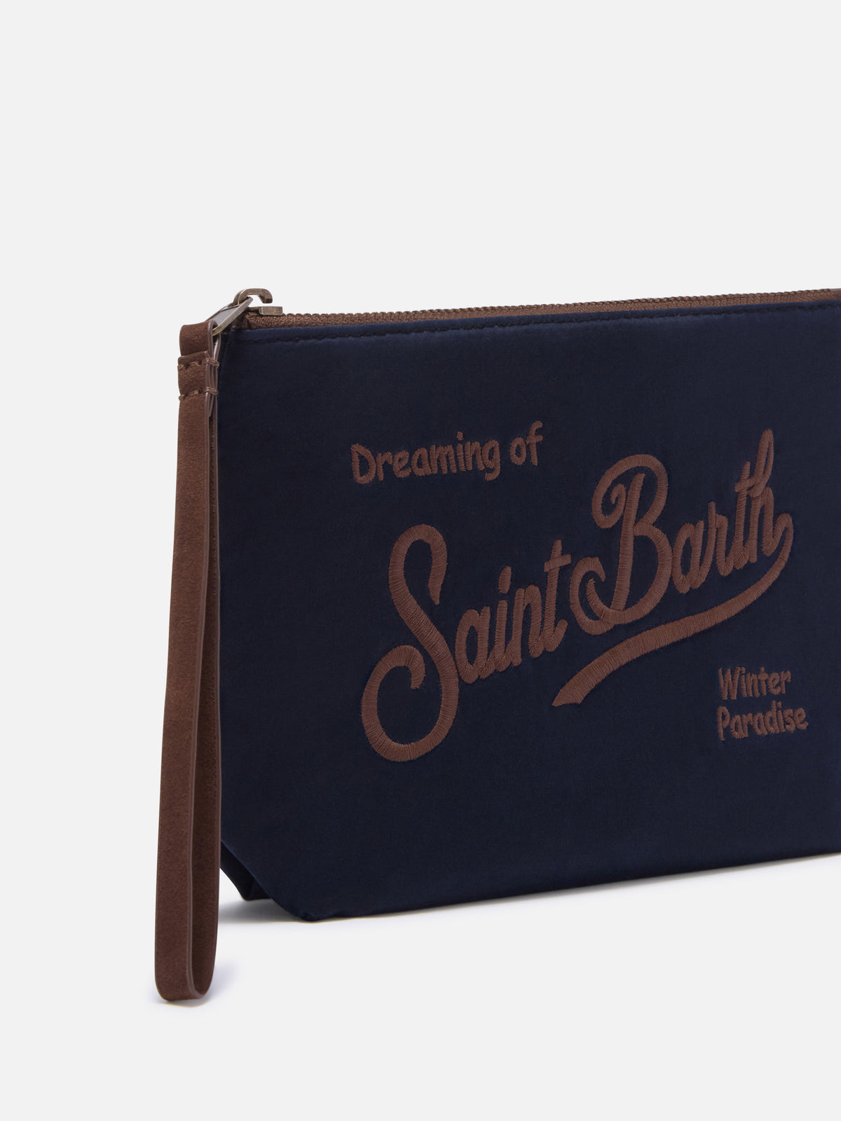Pochette Aline blu navy in tessuto cerato con ricamo logo
