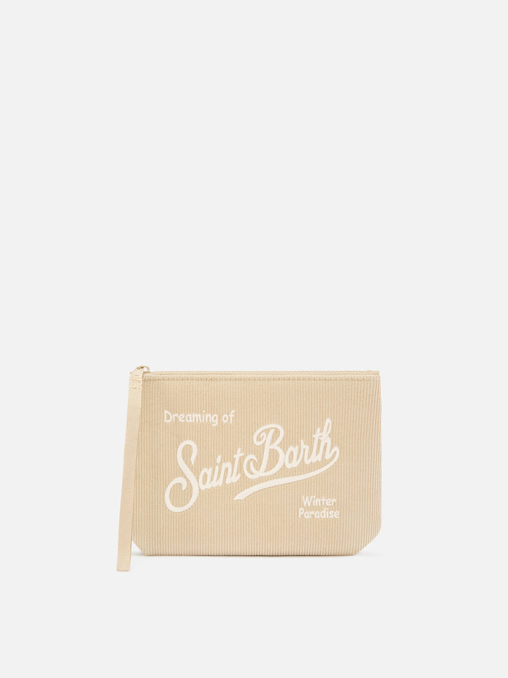 Pochette Aline beige in velluto a coste con ricamo logo