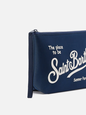Pochette Aline in scuba blu navy con logo stampato