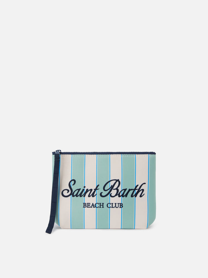 Aline scuba pouch with mint green stripes and Beach Club logo