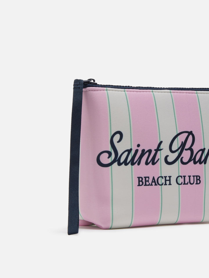 Aline scuba pouch with pink and green striped print and Beach Club logo