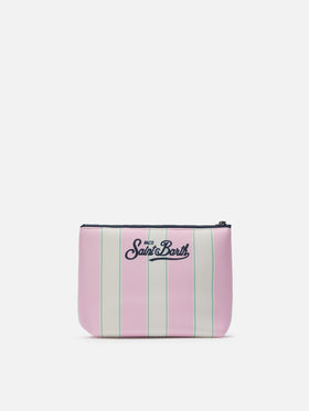 Aline scuba pouch with pink and green striped print and Beach Club logo