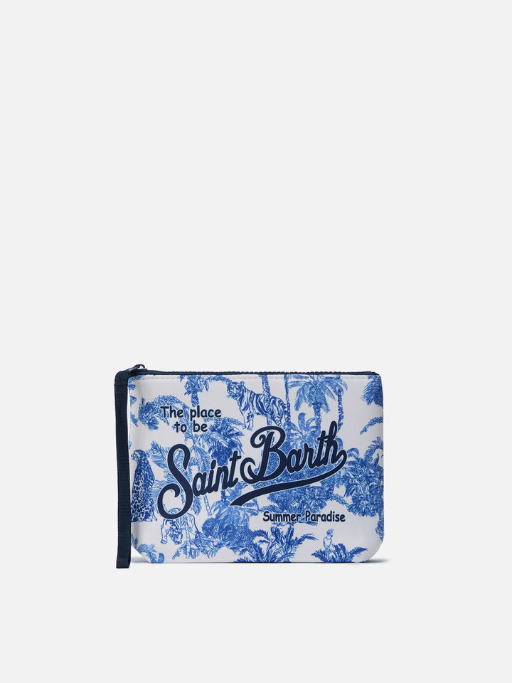 White Aline scuba pouch with Jungle Oceania toile de jouy print