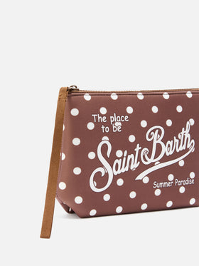 Braune Aline Scuba-Pouch mit Polka-Dot-Print 