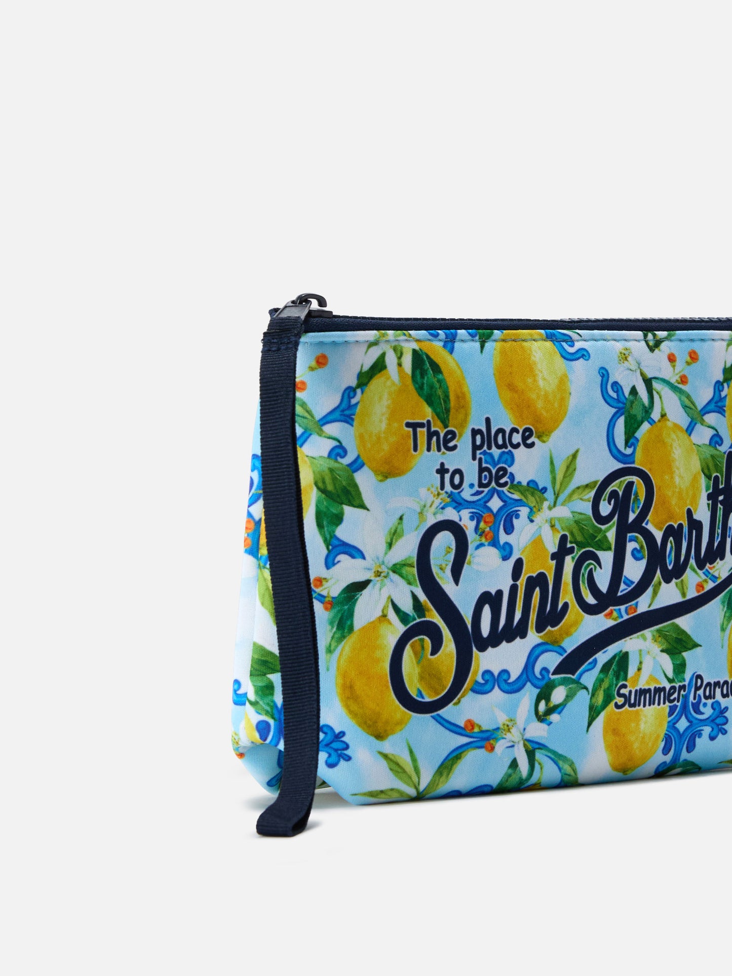 Aline scuba pouch with lemon majolica print