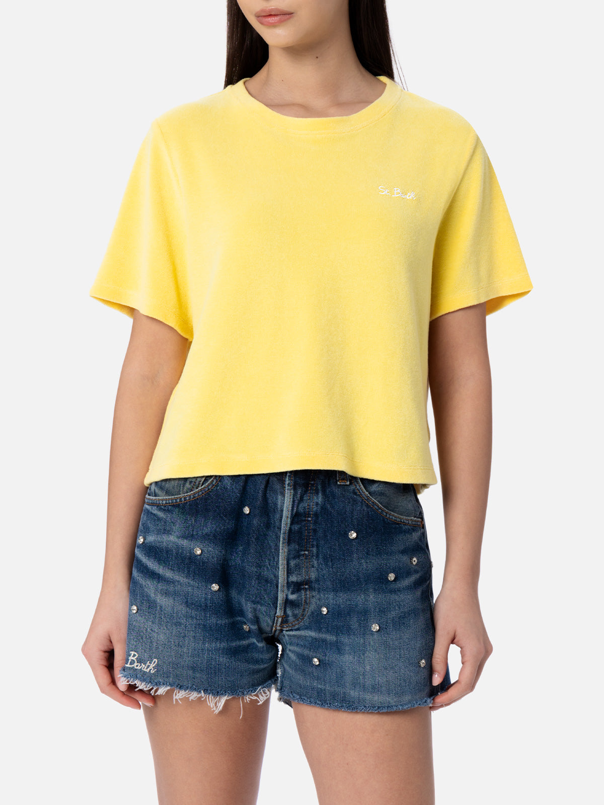 Woman pale yellow terry cotton crewneck t-shirt Emilie - MC2 Saint Barth