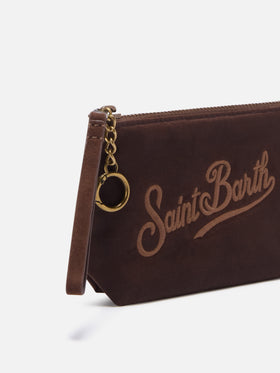Braune Mini Aline aus gewachstem pouch mit Logostickerei 