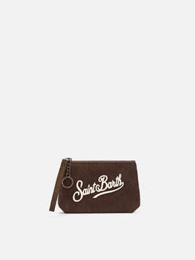Brown Mini Aline corduroy pouch with logo embroidery