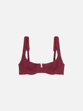 Amira balconette bikini top in burgundy crinkle fabric