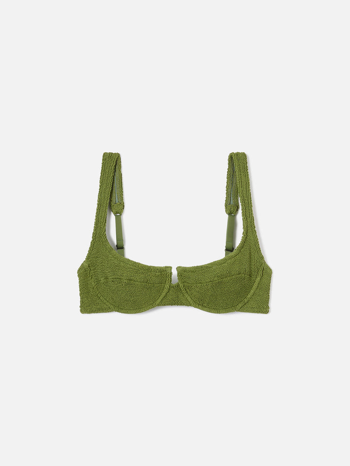 Haut de bikini balconnet Amira en tissu crinkle vert militaire 