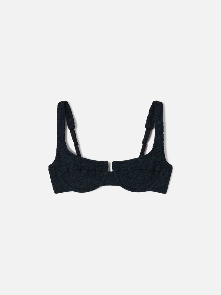 Amira balconette bikini top in black crinkle fabric