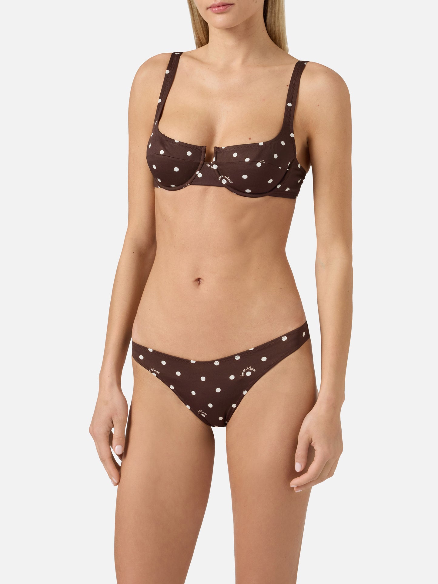Amira Naomi brown white polka dot bikini