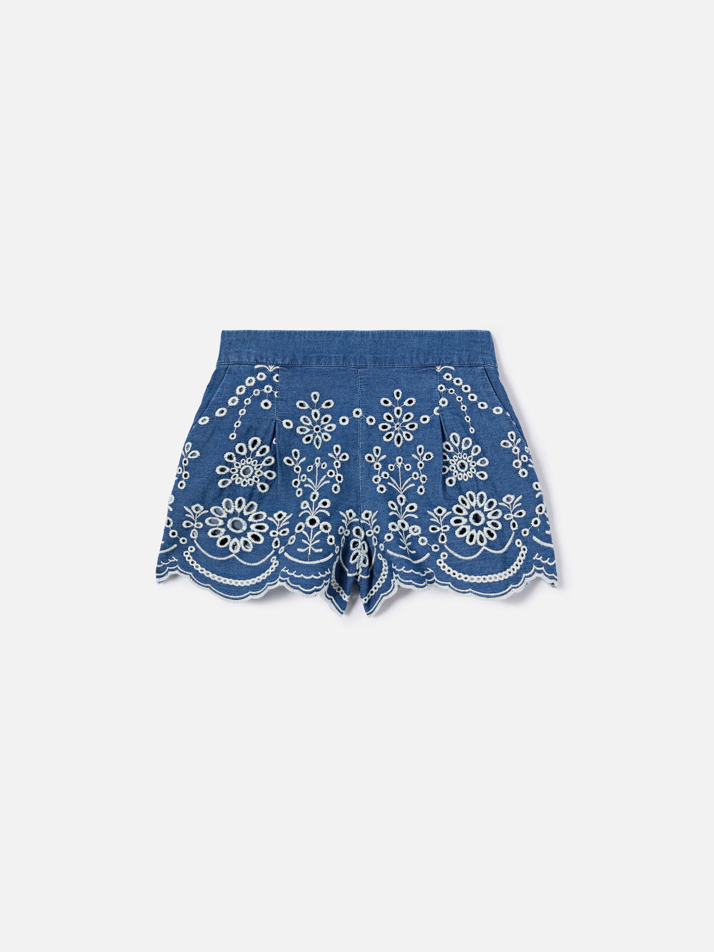Short Amani Jr in chambray effetto denim con ricamo sangallo
