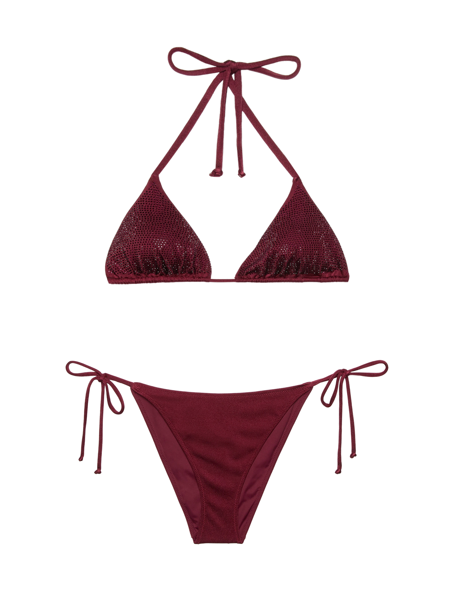 Virgo burgundy classic swim briefs with rhinestone embellishment - Annabelle riangle top swimsuit with rhinestones - MC2 Saint Barth
