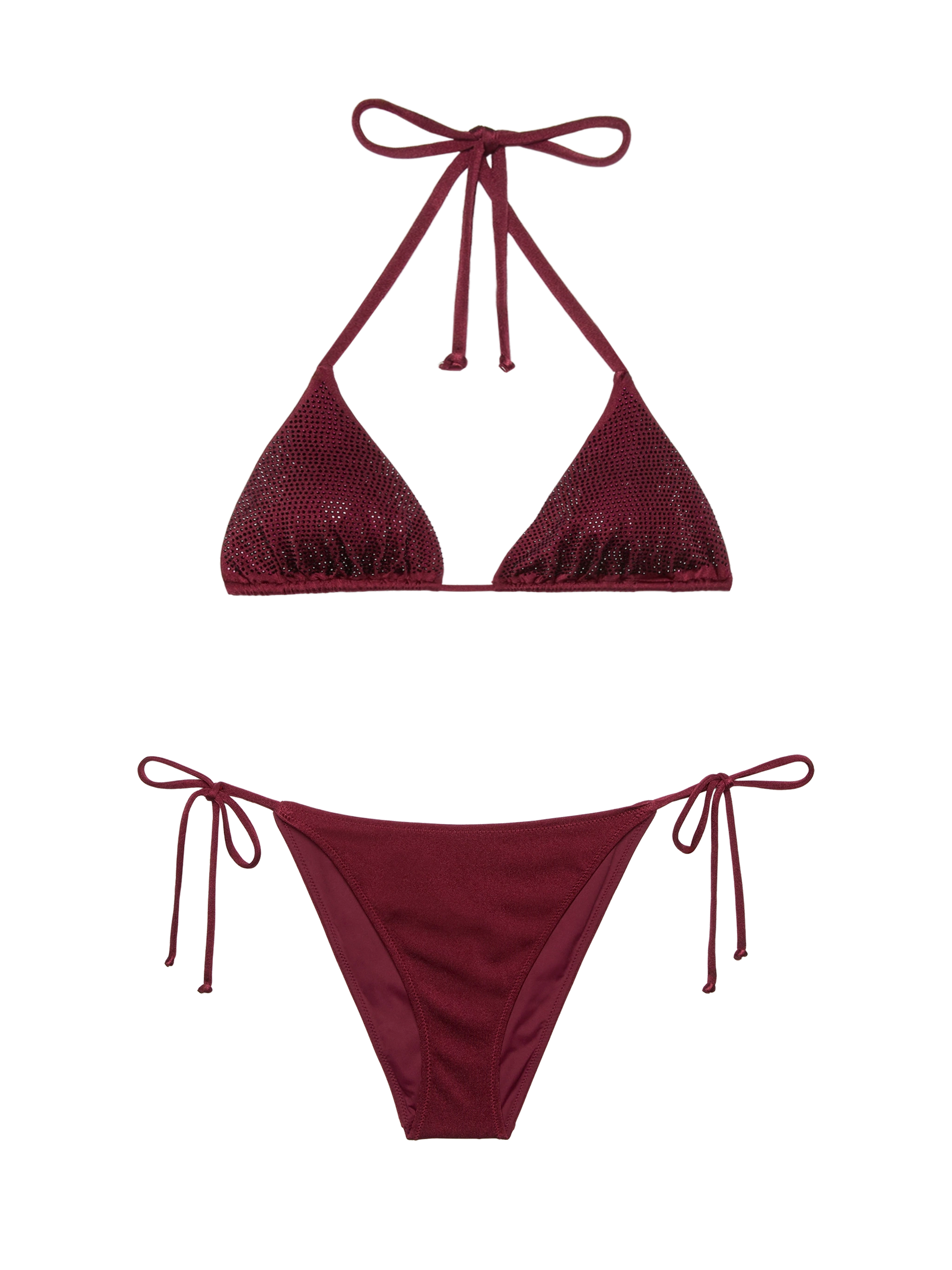 Virgo burgundy classic swim briefs with rhinestone embellishment - Annabelle riangle top swimsuit with rhinestones - MC2 Saint Barth