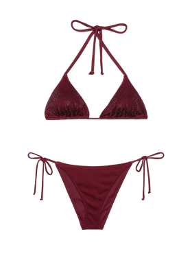 Virgo burgundy classic swim briefs with rhinestone embellishment - Annabelle riangle top swimsuit with rhinestones - MC2 Saint Barth