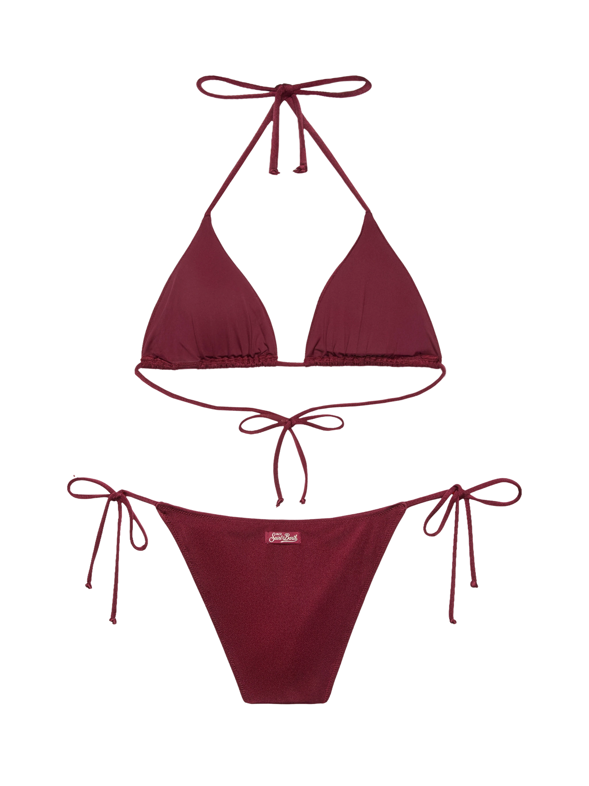Virgo burgundy classic swim briefs with rhinestone embellishment - Annabelle riangle top swimsuit with rhinestones - MC2 Saint Barth