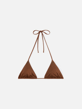 Annabelle triangle bikini top in brown with applied strass details