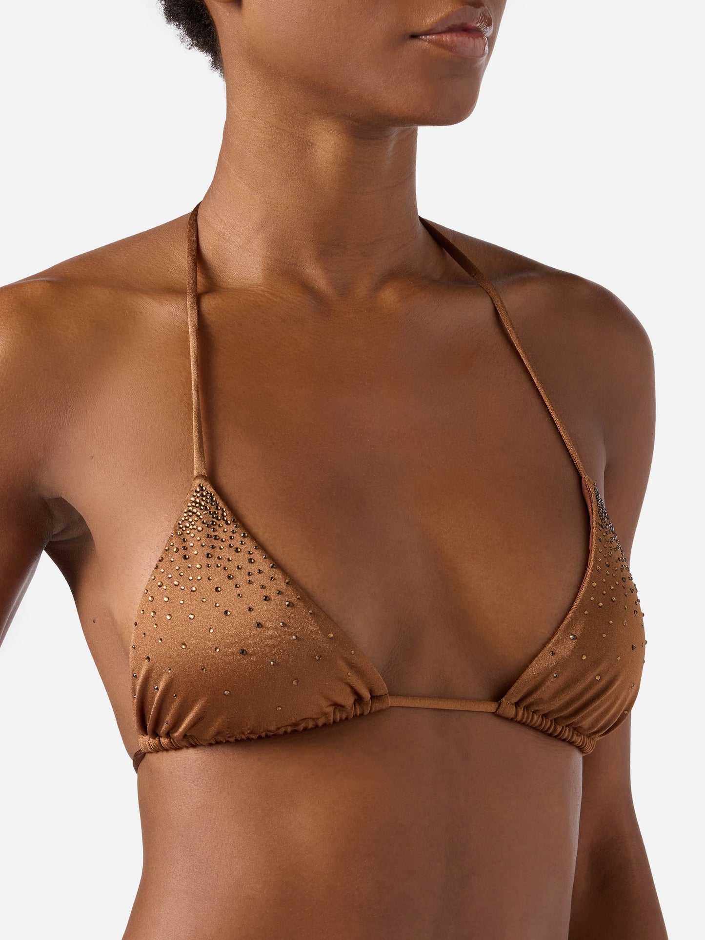 Top de bikini triangular Annabelle en marrón con detalles de strass aplicados 