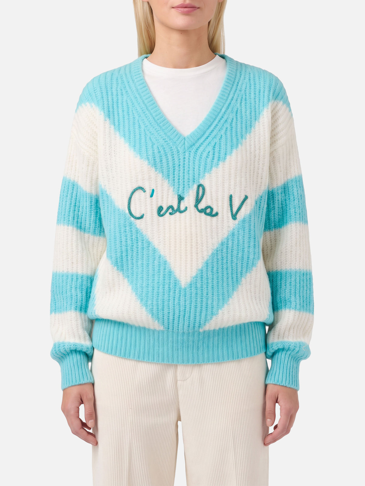 Maglione Annecy Soft crop con fantasia a rombi e scollo a V